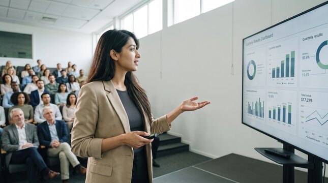 Generative AI, Woman presenting quarterly results to a corporate audience
