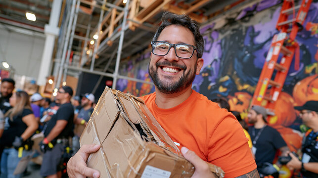 Theme park Halloween technician unpacking a new batch of animatronic tools excitedly in a busy backstage area, crowd of crew members gathered around, a ladder leaning against a wall painted with sea