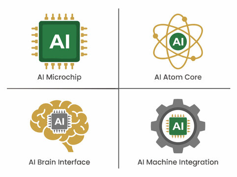 AI Concept Collage: A four-panel collage illustrating the concept of Artificial Intelligence, featuring a microchip, an atom, a brain, and a gear.