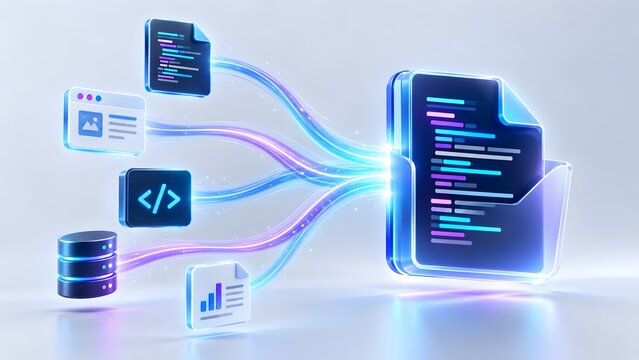 Digital document folder receiving glowing data streams from web coding and database icons. Concept of software integration and cloud computing.