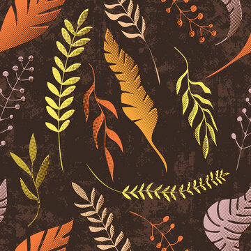 Autumn background of leaves and plant elements, seamless pattern, vector print