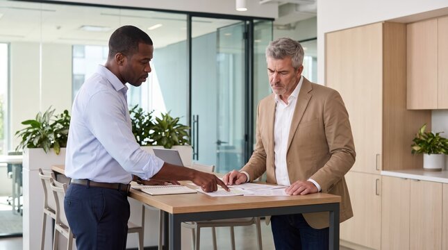 Senior executive reviewing documents with a young colleague indoors