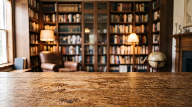 Rustic wooden table top with a blurry vintage library book shelf background for products