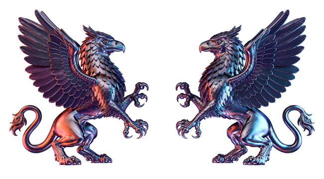 Two heraldic griffins facing inward, metallic mythical creatures with eagle heads, lion bodies, wings and talons, mirrored as royal guardians, isolated png, for medieval fantasy and emblem design