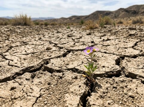 Small resilient purple flower growing out of dry cracked desert earth close up