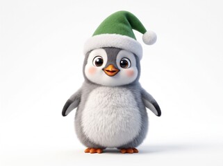 Fototapeta premium Cute Fluffy Baby Penguin Wearing Green Santa Hat, 3D Christmas Character Illustration