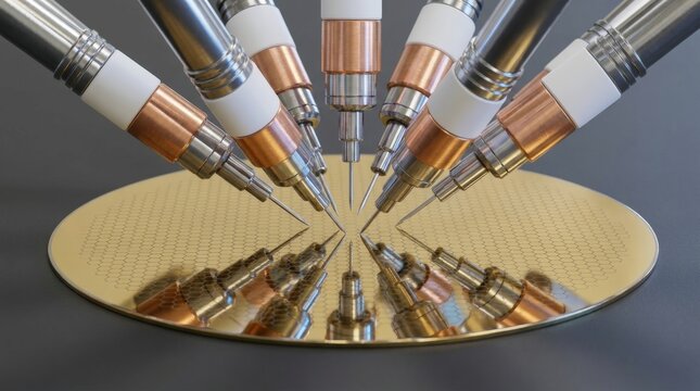 Microscopic probes testing semiconductor wafer in laboratory setting.