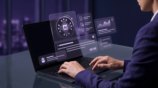 Person using laptop with AI interface and data visualization
