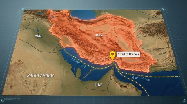 Geographical map highlighting Strait of Hormuz between Iran and Persian Gulf