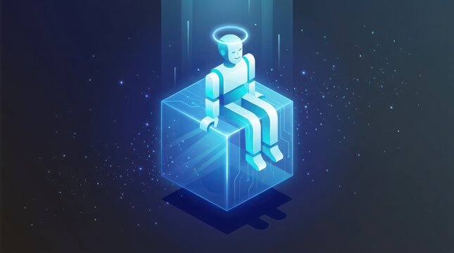 Isometric futuristic robot figure sitting on glowing cube illustration
