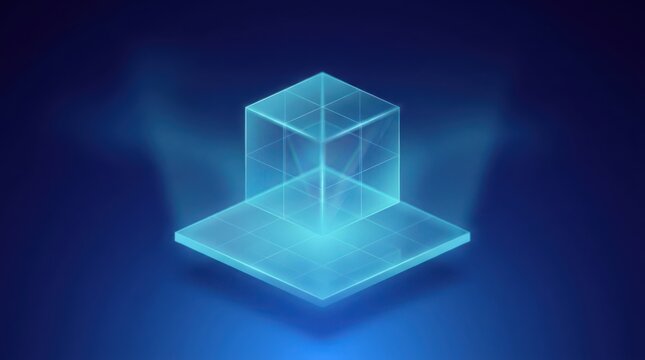 Isometric transparent cube illustration with glowing light effects on surface