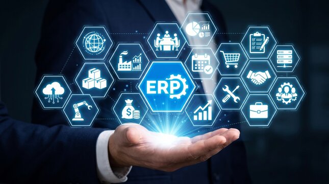 AI ERP System Holographic Interface Businessman Hand Hexagon Icons Management Automation Digital Transformation Technology Solution 