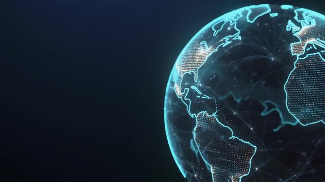 Close up view of a spinning holographic earth globe with digital network data connections