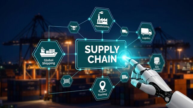 AI supply chain logistics automation robot hand global shipping digital transformation futuristic technology concept illustration background 