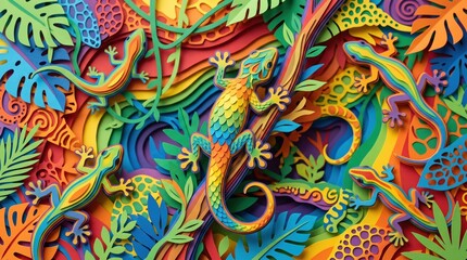 Fototapeta premium Colorful Paper Art of Geckos and Leaves with Bright Tropical Theme in 3D Layered Design