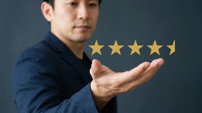 Asian man holding five stars representing excellent customer service and high rating.