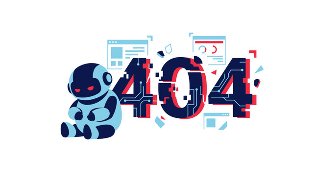 Sad robot character sitting next to a large 404 error message for website page not found.