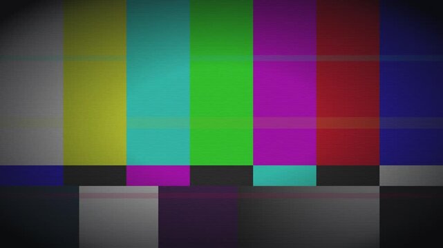 No signal color bars glitch animation for television intro, saturated ebu test card with horizontal analog signal tear