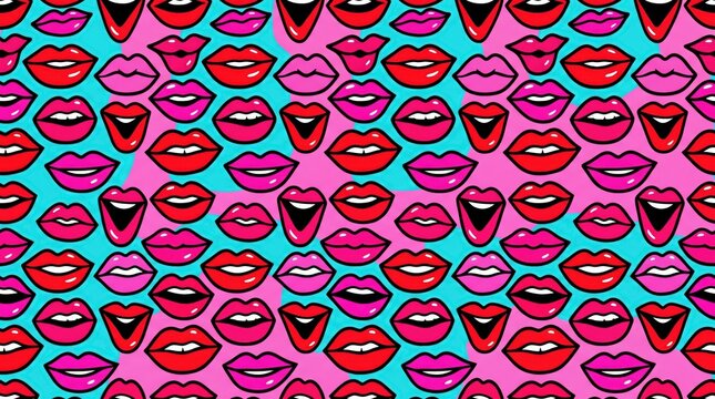 Colorful and Playful Lips Pattern Design with Smiling and Kissing Mouths on Vibrant Background