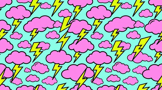 Colorful Background with Pink Clouds and Yellow Lightning Bolts on Light Blue Pattern