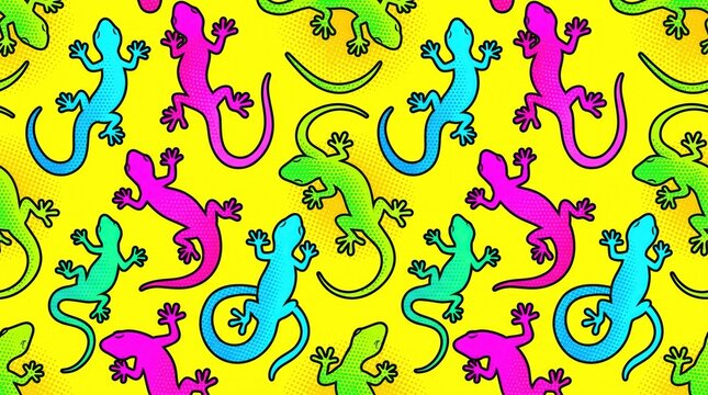 Colorful Geckos and Lizards in Vibrant Patterns on Bright Yellow Background