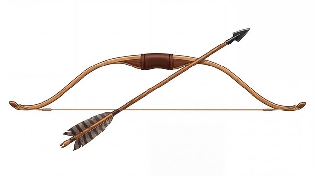 Traditional wooden recurve hunting bow with sharp arrow positioned centrally isolated on white background