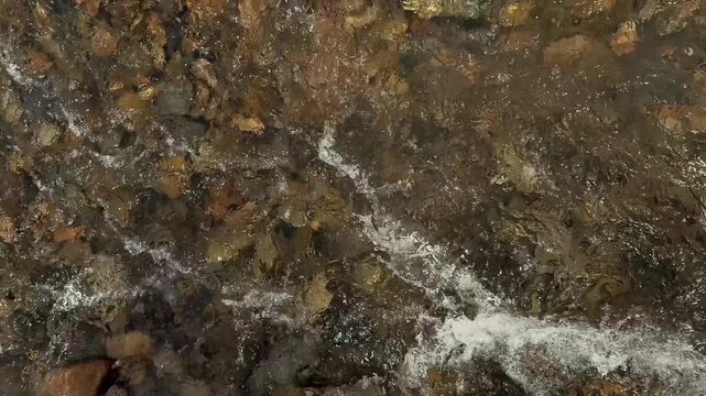 Shallow River Current Flowing Between Brown Stones Viewed from Above
