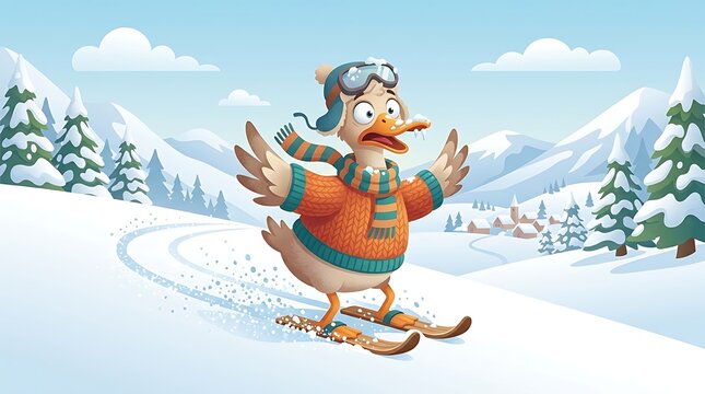 Funny cartoon duck skiing down a winter mountain slope