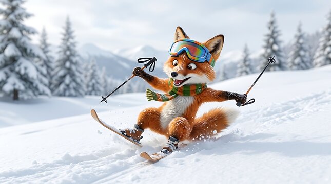 Funny cartoon fox skiing on a snowy slope winter sports comedy