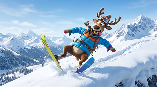 Clumsy reindeer enjoying winter sports comedy on a snowy mountain