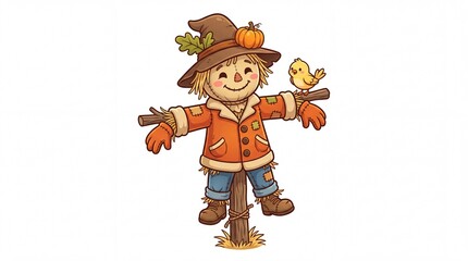 Fototapeta premium Friendly cartoon scarecrow wearing a brown hat and orange jacket standing alone on white background