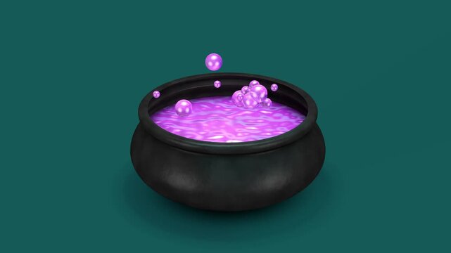 Black cauldron filled with bubbling purple potion on a teal background, with floating bubbles and a moving viewpoint. Magical Halloween scene for fantasy stories and seasonal promotions, 3D animation