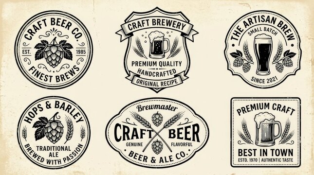 Craft Beer Logos Collection: A selection of vintage-style emblems and badges showcasing craft beer brands, featuring hops, barley, and frothy mugs.