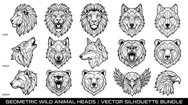 Geometric Wild Animal Heads Collection: A striking compilation of polygonal-style vector illustrations showcasing the heads of various wild animals, including lions, wolves, bears, and eagles.