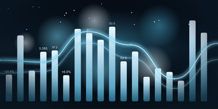 A dynamic financial graph showcases fluctuating market trends with clear bar charts and a prominent trend line, presented on a dark, sophisticated background.