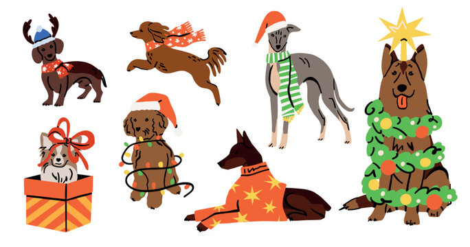 Christmas dogs in costumes. Hand drawn different dog breeds wearing winter hats, scarves and holiday decoration, festive seasonal pet characters, xmas celebration. Vector cartoon isolated illustration