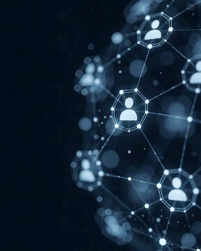 Abstract digital network structure with glowing human icons representing global connectivity