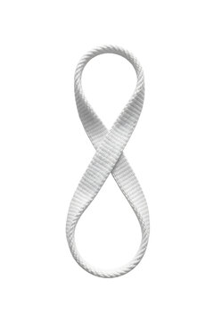 A white climbing sling tied in a figure-eight loop knot designed for secure and adjustable attachment.