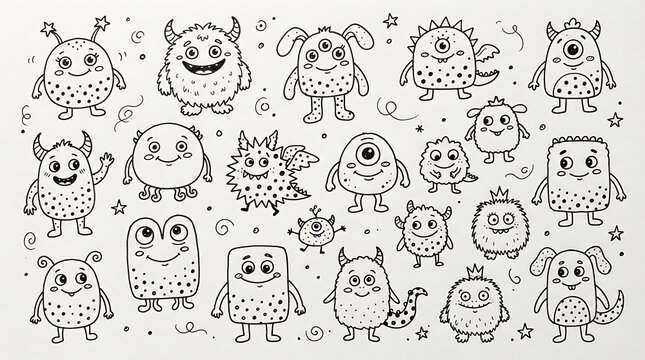Set of cute hand drawn line art monsters and aliens on a white background.