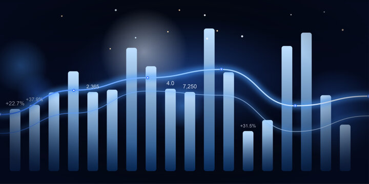 Glowing blue bar chart graph with light effects on a dark background, suitable for business and finance concept.