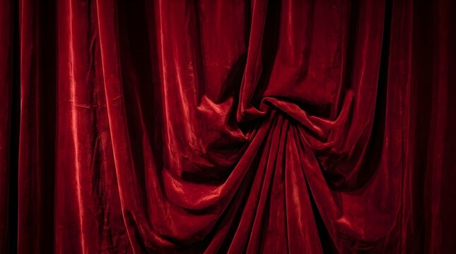 Elegant red velvet theater curtains with deep folds and dramatic lighting for stage performance background