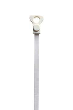 A white retractable badge holder with a clip and a long, thin strap.