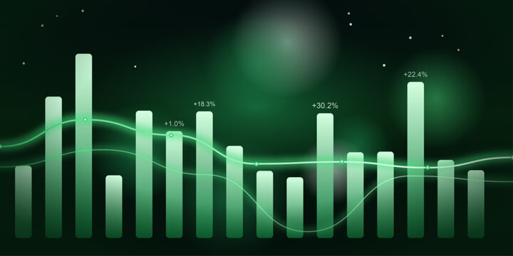 A vibrant green bar graph showcases fluctuating data trends with a superimposed wave-like line, conveying a dynamic sense of growth and information flow.