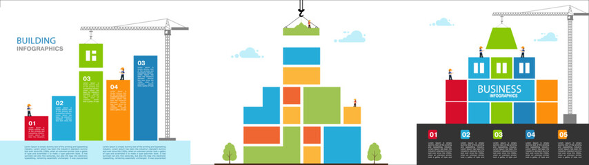 Obraz premium Tower crane made of colored blocks builds city. concept of building success. Vector Illustration in modern flat style.