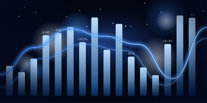 A dynamic 3D bar chart depicts a fluctuating financial trend, with a luminous blue line graph overlaying the bars, suggesting data analysis and economic growth.