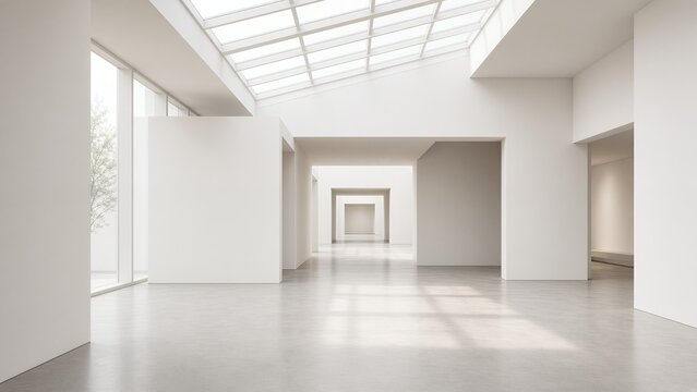 Empty bright modern art gallery interior with skylight