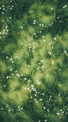 Obraz premium Tranquil green meadow texture with tiny white wildflowers, nature mobile wallpaper