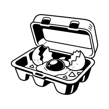 Black and white line art illustration of a cracked egg inside an open carton.