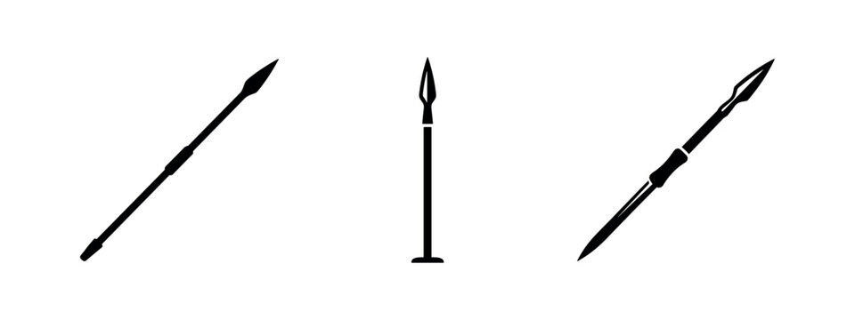 Set of spear icons, depicting various designs of ancient weapons or hunting tools in silhouette.