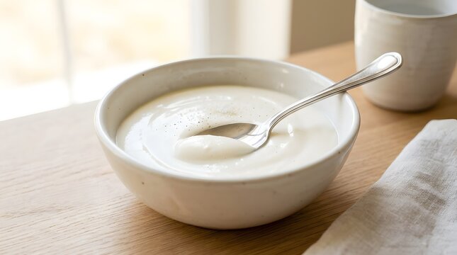 Creamy white yogurt or soup in ceramic bowl with silver spoon on wood table